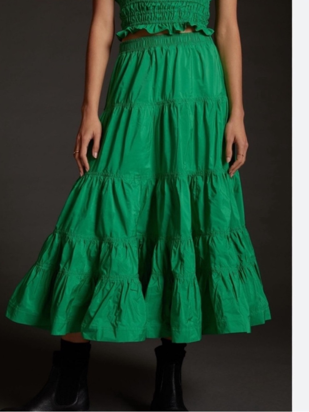 Anthropologie Maeve Green Taffeta Tiered Maxi Skirt Womens Size 2